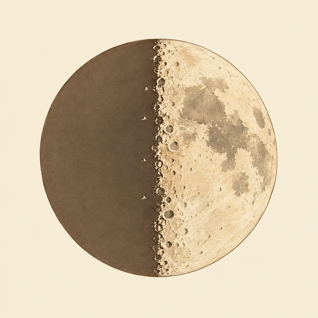 Der Mond im ersten Viertel in Tusche und Lavierung: die beleuchtete Hälfte mit Kratern an der zerrissenen Grenze, kleine helle Gipfel in der dunklen Hälfte