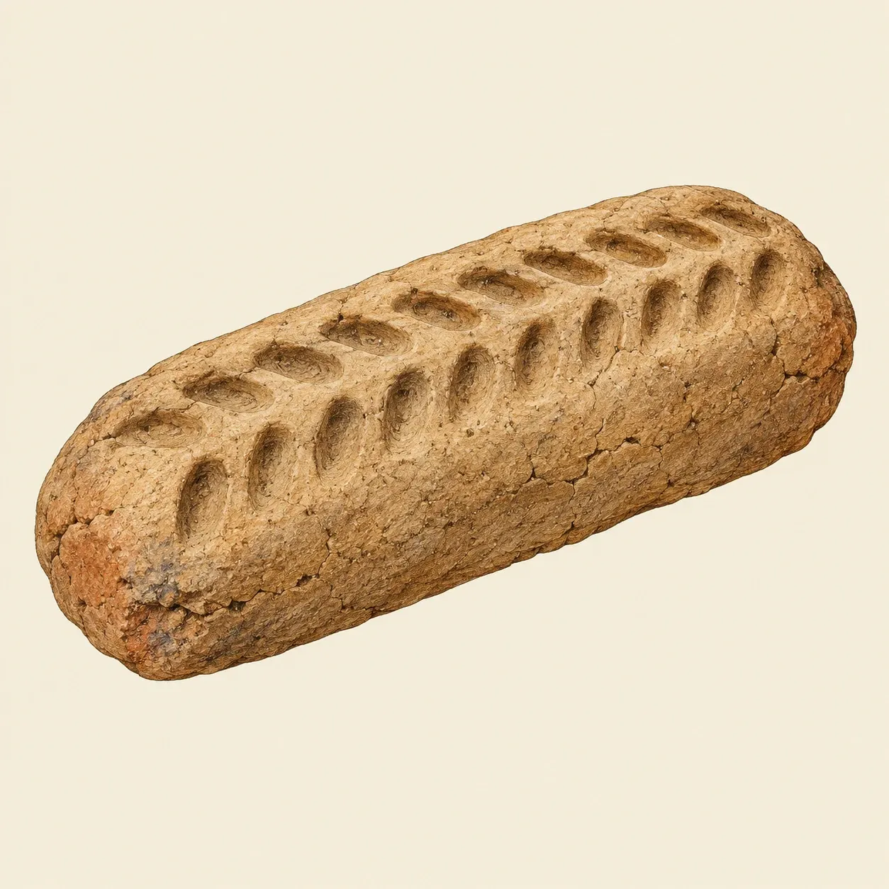 Ein brotlaibförmiger Lehmziegel aus dem neolithischen Jericho mit zwei Reihen Daumenabdrücken im Fischgrätmuster