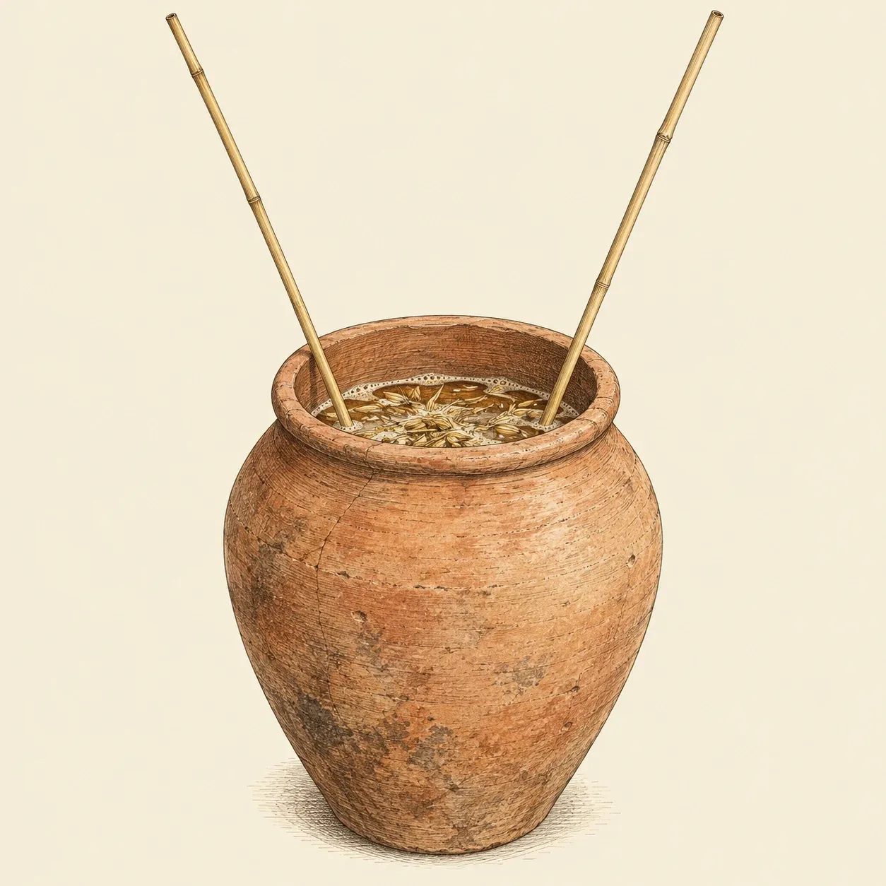 A large clay jar of Mesopotamian beer with two long reed straws reaching down through the floating husks