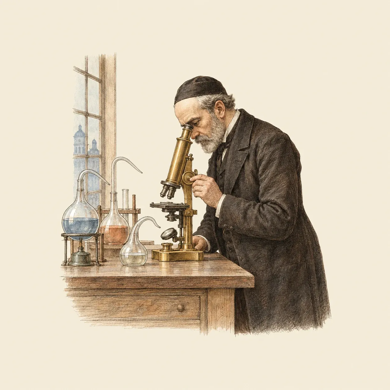 Uno scienziato francese degli anni 1880 al microscopio, accanto a palloni di vetro