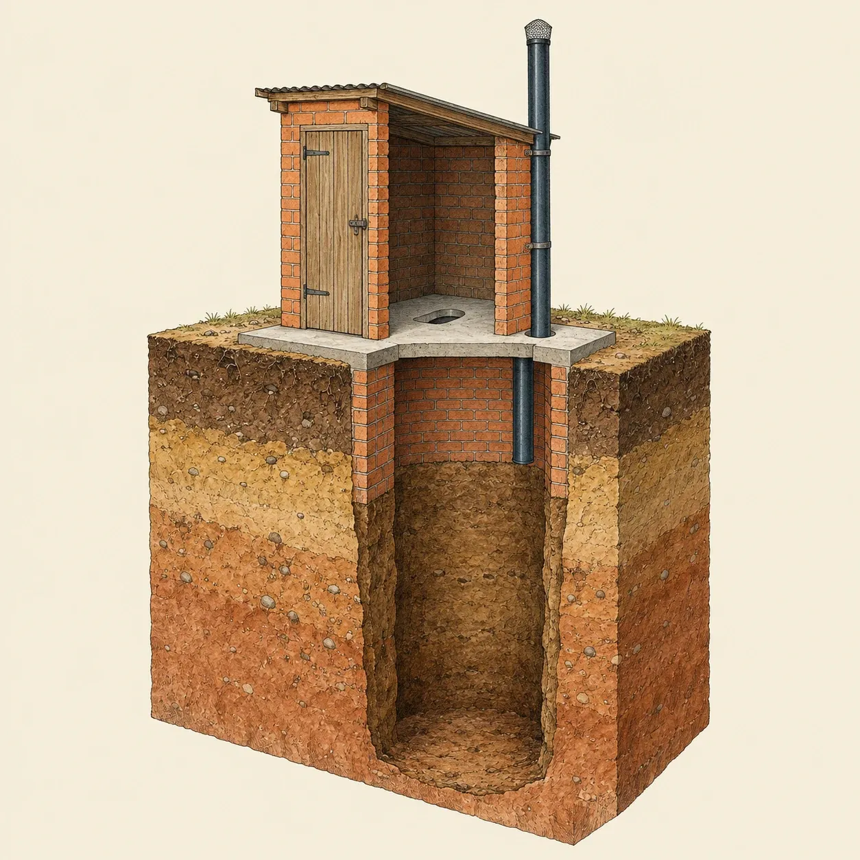 Schnitt durch eine belüftete Grubenlatrine: oben ausgemauerte Grube, Betonplatte, geschlossene Kabine und Lüftungsrohr mit Gitter