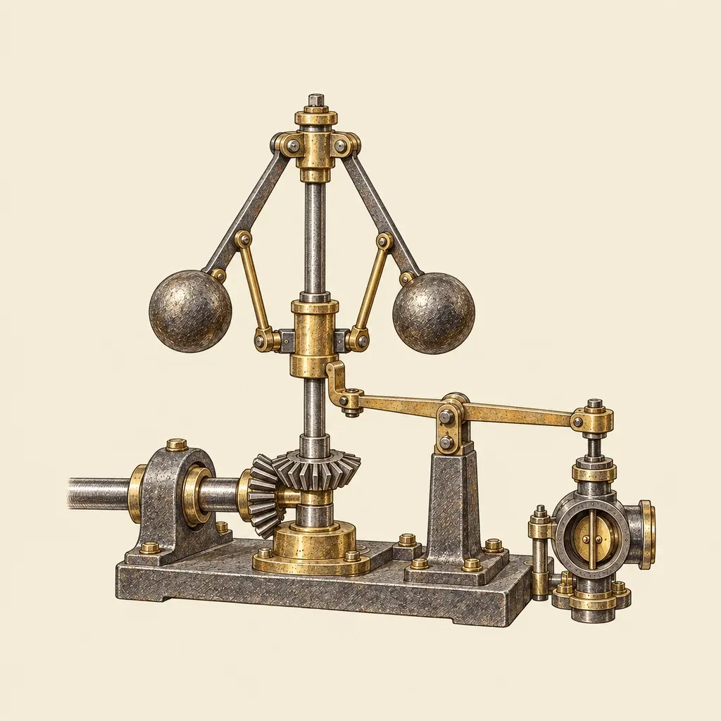 A centrifugal governor with two iron balls on hinged arms, a sliding collar and a lever to the valve