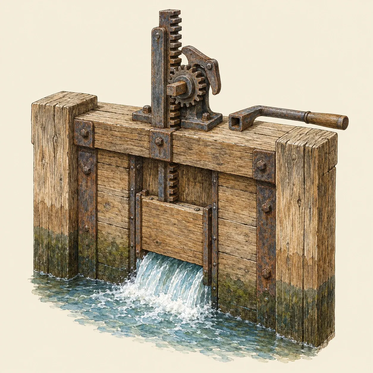 Zahnstangengetriebe an einem Schleusentor, mit Kurbel und einem angehobenen Schütz über sprudelndem Wasser