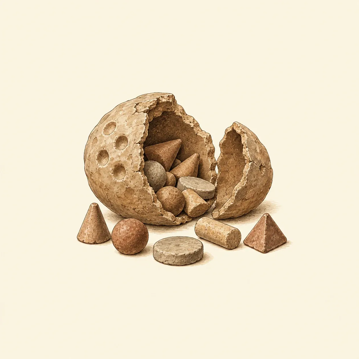 Jetons d’argile de plusieurs formes à côté d’une boule d’argile creuse cassée en deux, d’autres jetons à l’intérieur