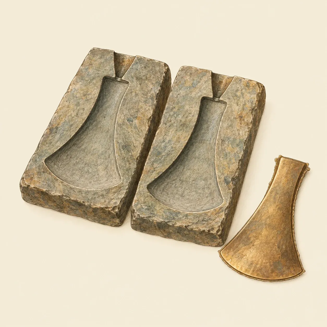 Uno stampo di pietra in due pezzi aperto, ogni metà incavata a forma d’ascia, e l’ascia di bronzo fusa accanto