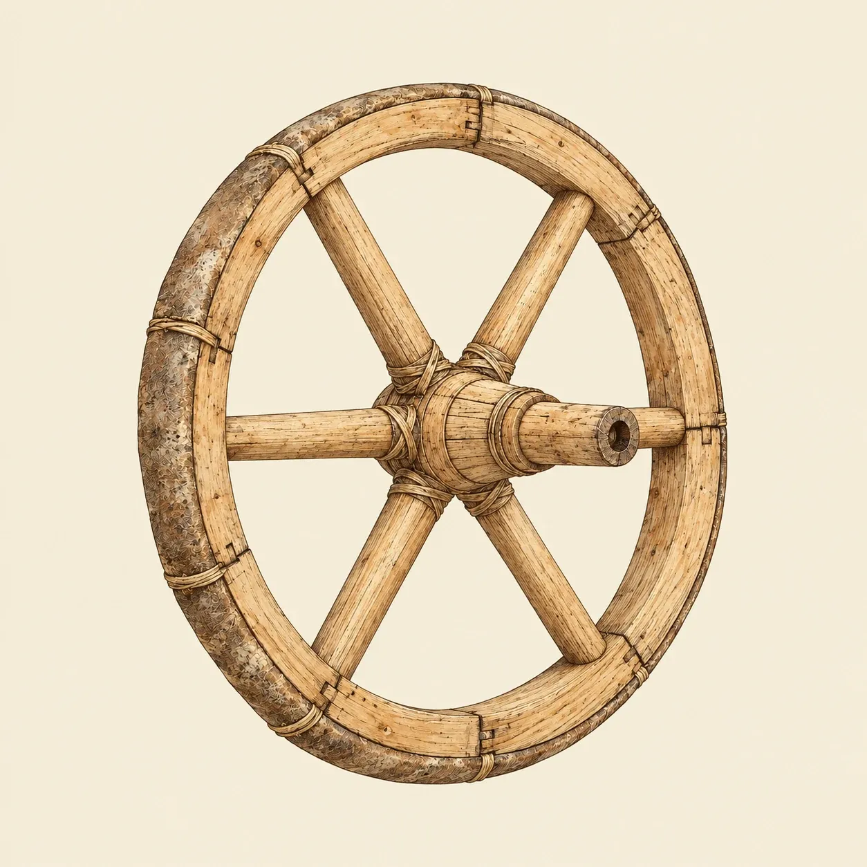 Una leggera ruota di carro da guerra a sei raggi, con gavelli di legno curvato e un mozzo lungo