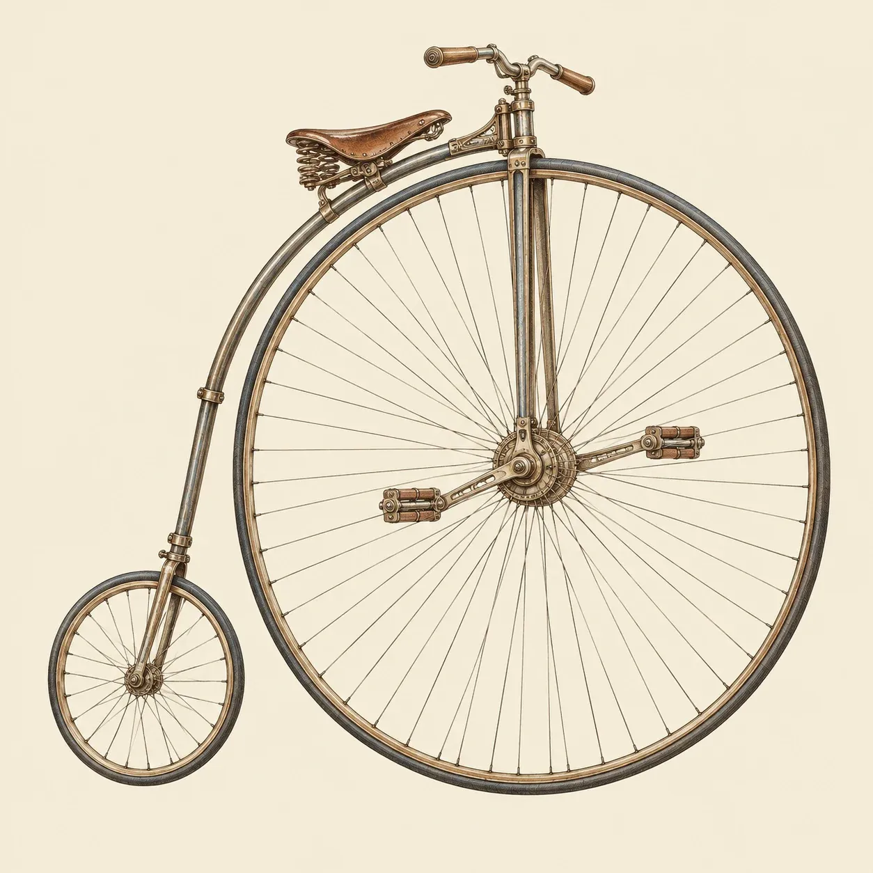 Ein Hochrad: sehr großes Speichen-Vorderrad mit den Pedalen an der Nabe, gebogener Rahmen und kleines Hinterrad