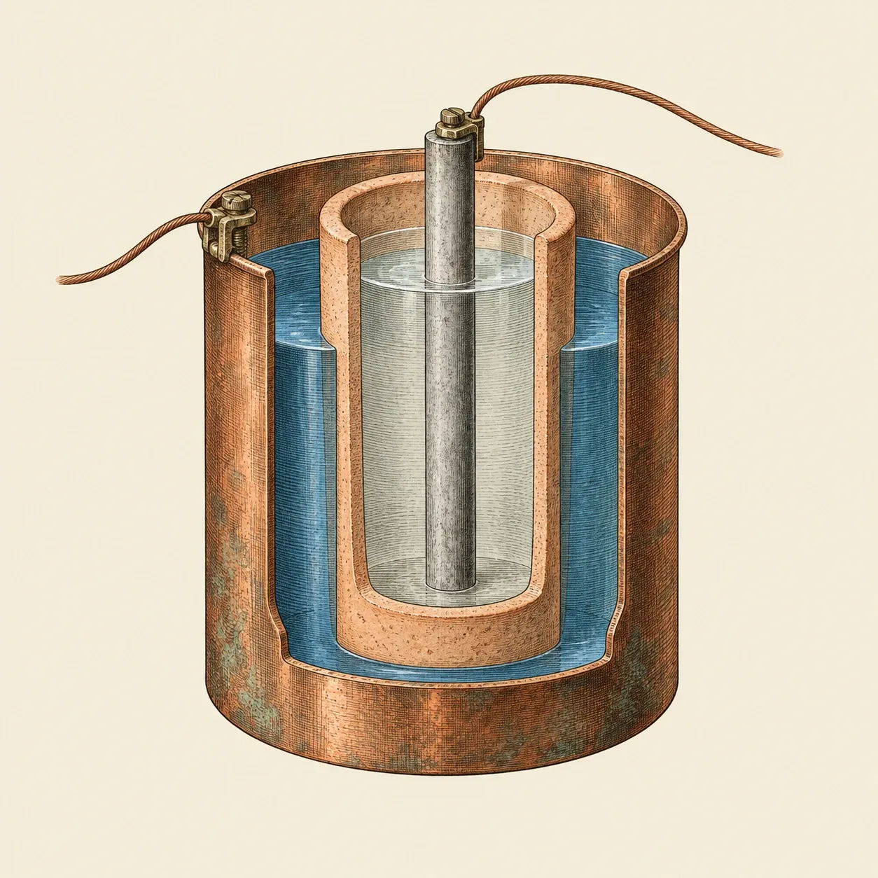 Corte de uma pilha de Daniell: barra de zinco num vaso poroso, mergulhado num recipiente de cobre com sulfato de cobre azul