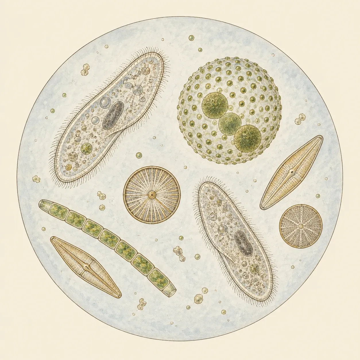 Un campo visivo rotondo con due parameci, una colonia di Volvox, diatomee e un filamento di alga verde