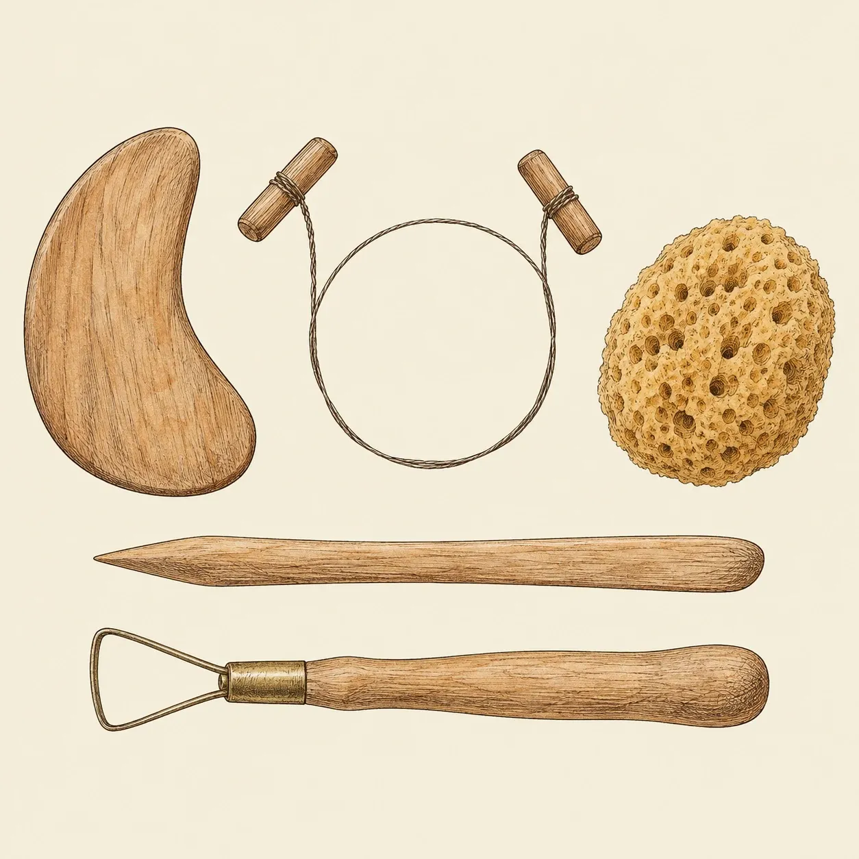Werkzeuge des Töpfers: eine Holzschiene, ein Schneidedraht mit Griffen, ein Schwamm, ein spitzes Holz und eine Drahtschlinge