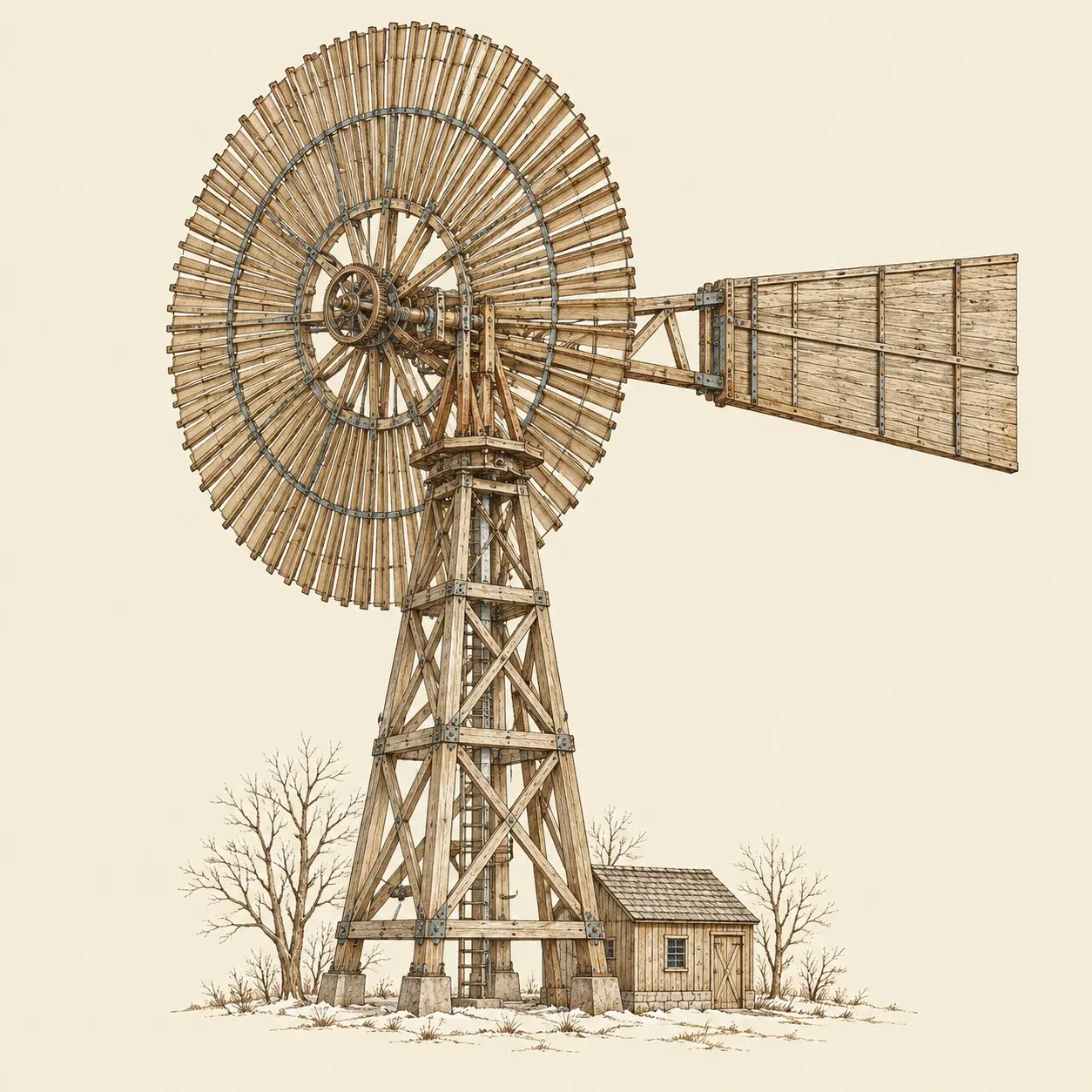 Die Windkraftanlage von Charles Brush, ein riesiger Rotor aus vielen schmalen Holzblättern auf einem viereckigen Holzturm mit langer Fahne