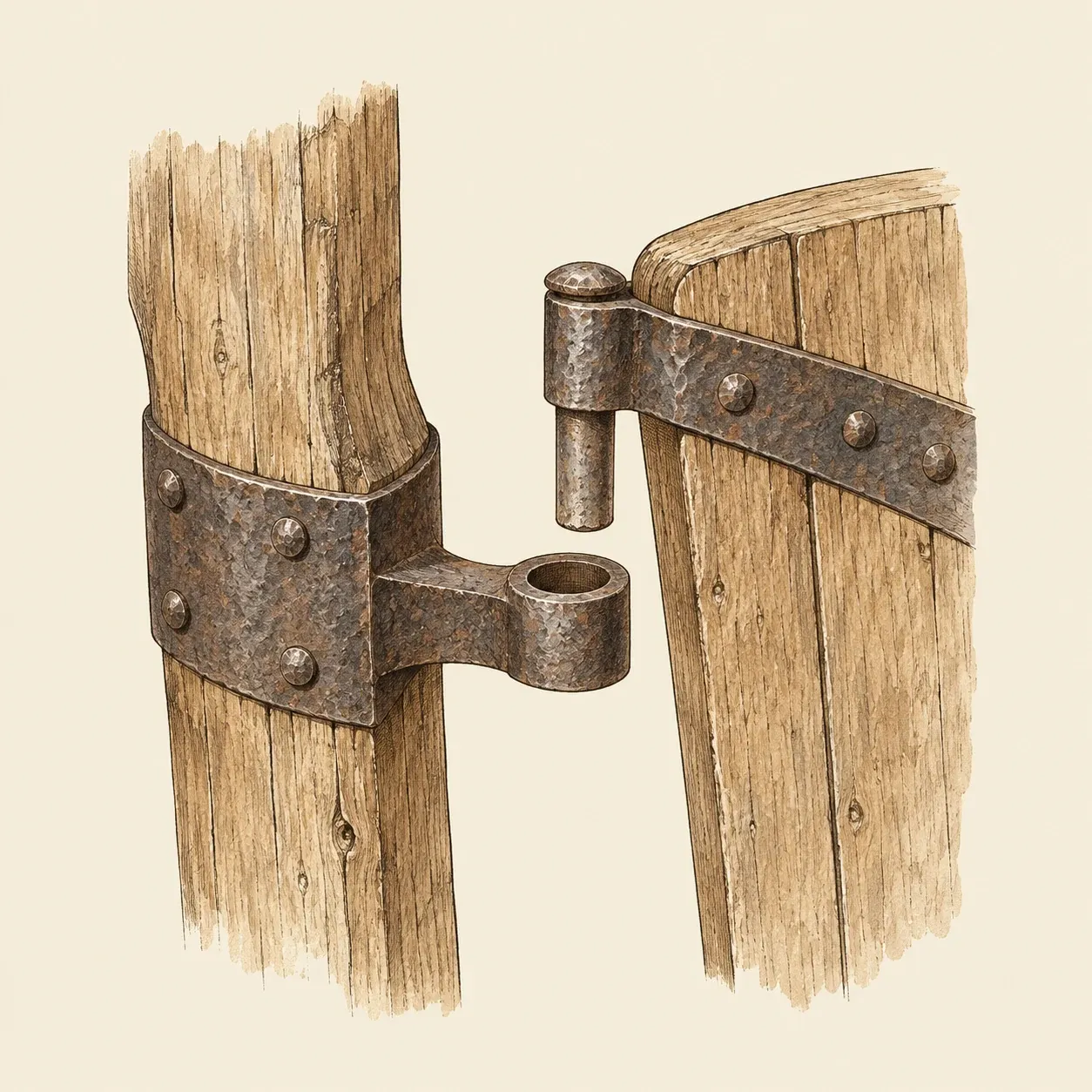 The iron hinge of a sternpost rudder: a gudgeon strapped round the sternpost and a pintle on the rudder, lifted above its eye