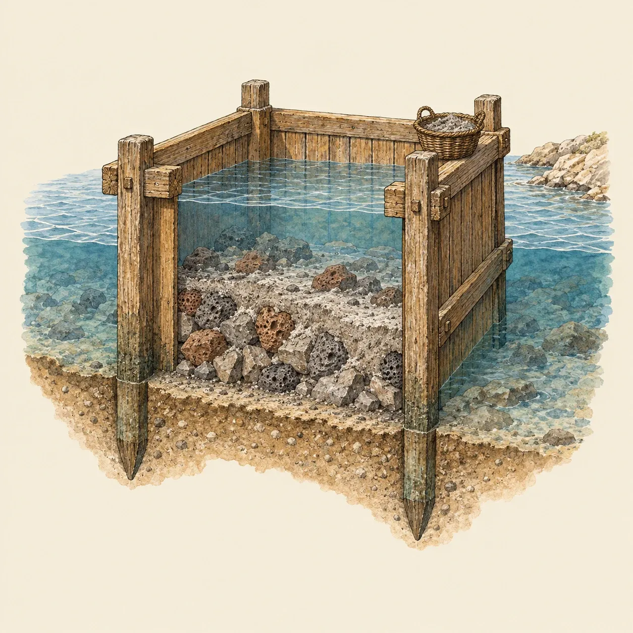 Ein hölzerner Senkkasten im Meer, aufgeschnitten, um unter Wasser eingebrachten Bruchstein und Mörtel zu zeigen