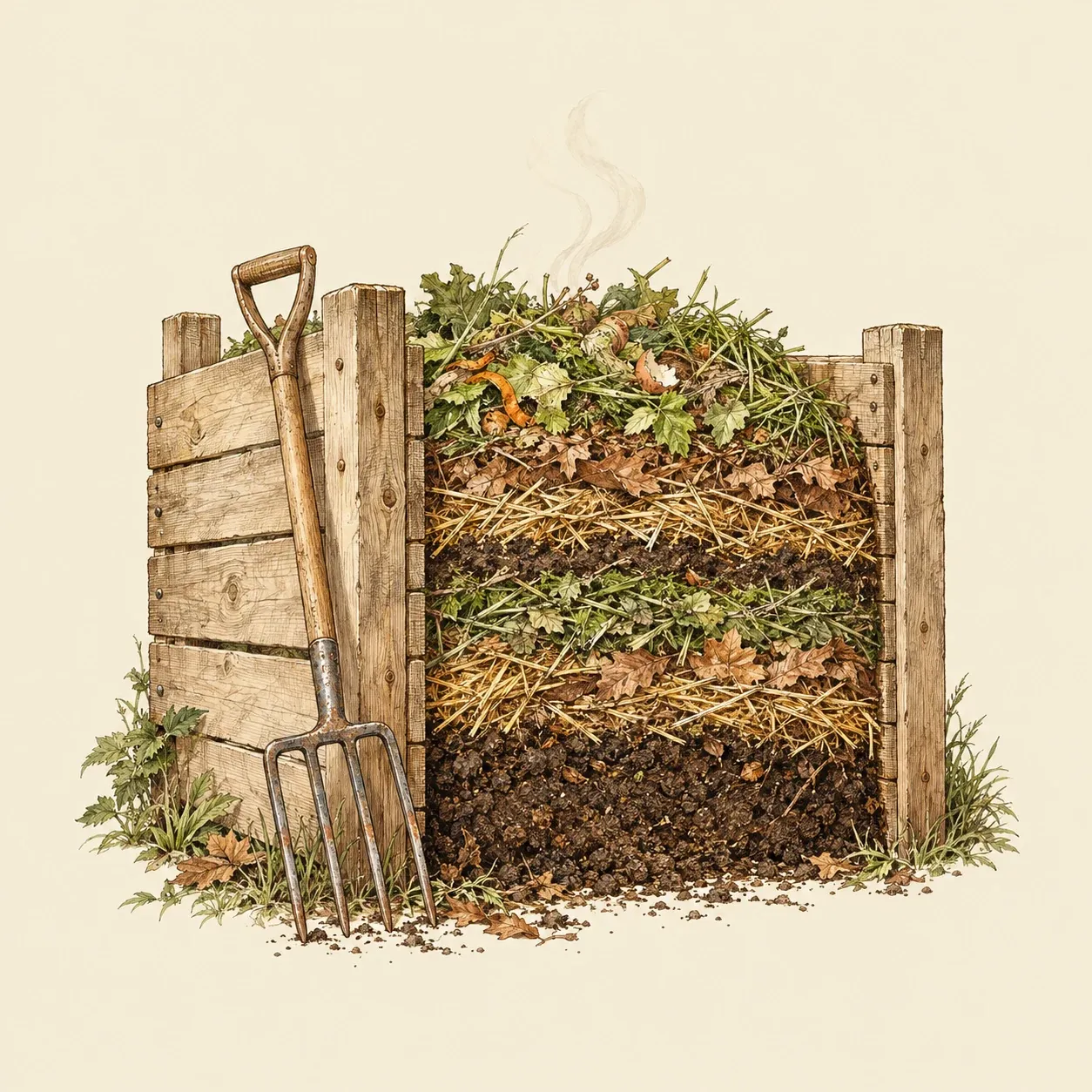 Un bac à compost en planches, ouvert sur le devant, montrant des couches vertes, brunes et de terre, d’où monte de la vapeur