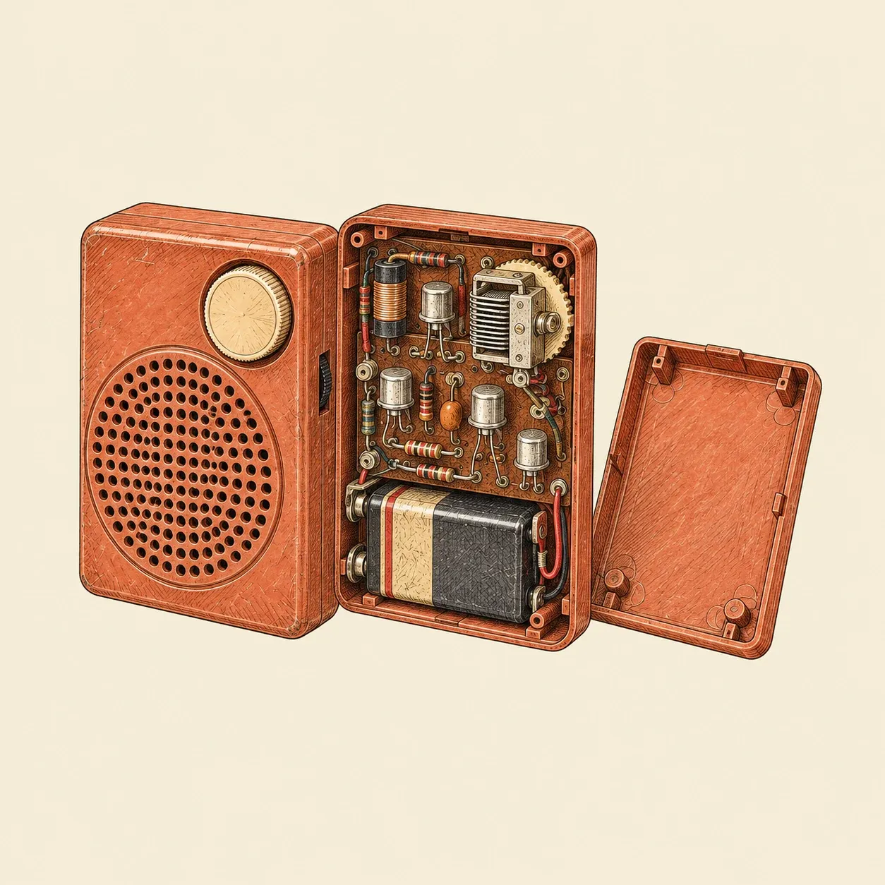 Um rádio de bolso dos anos 1950, aberto para mostrar os transístores e a pilha