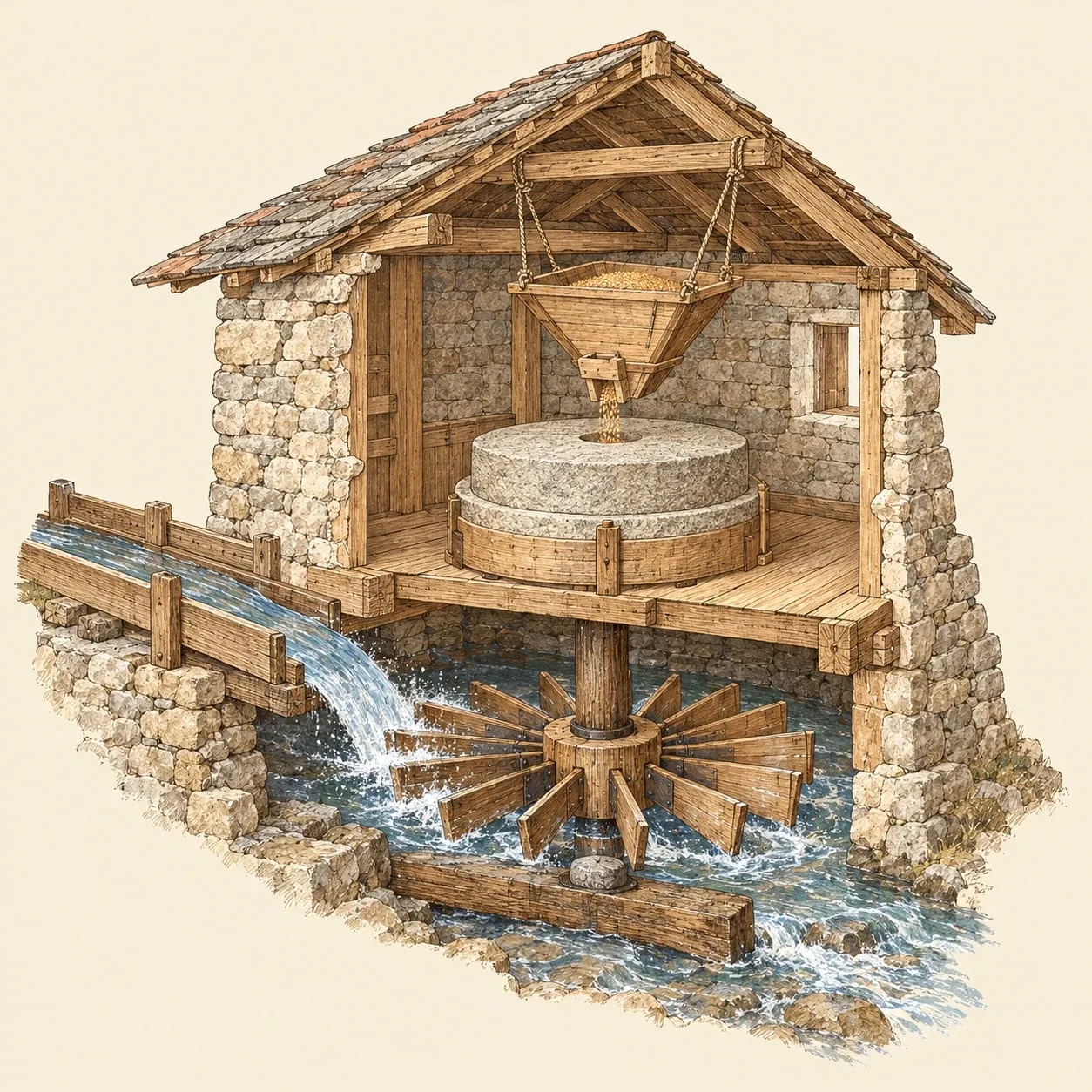 Eine Mühle mit waagerechtem Rad: Ein flaches Rad unter einer Steinhütte dreht den Mühlstein unmittelbar