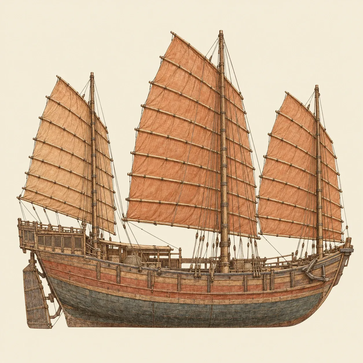 Eine chinesische Dschunke mit drei Masten und Segeln, die durch Bambuslatten versteift sind
