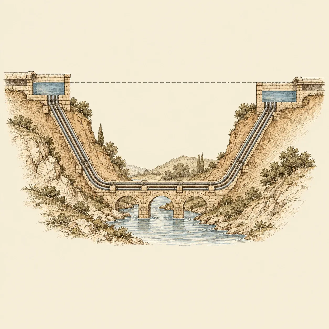 Bleirohre führen von einem Becken auf einem Hügel ins Tal, über eine niedrige Brücke und hinauf zu einem etwas tieferen Becken auf der anderen Seite