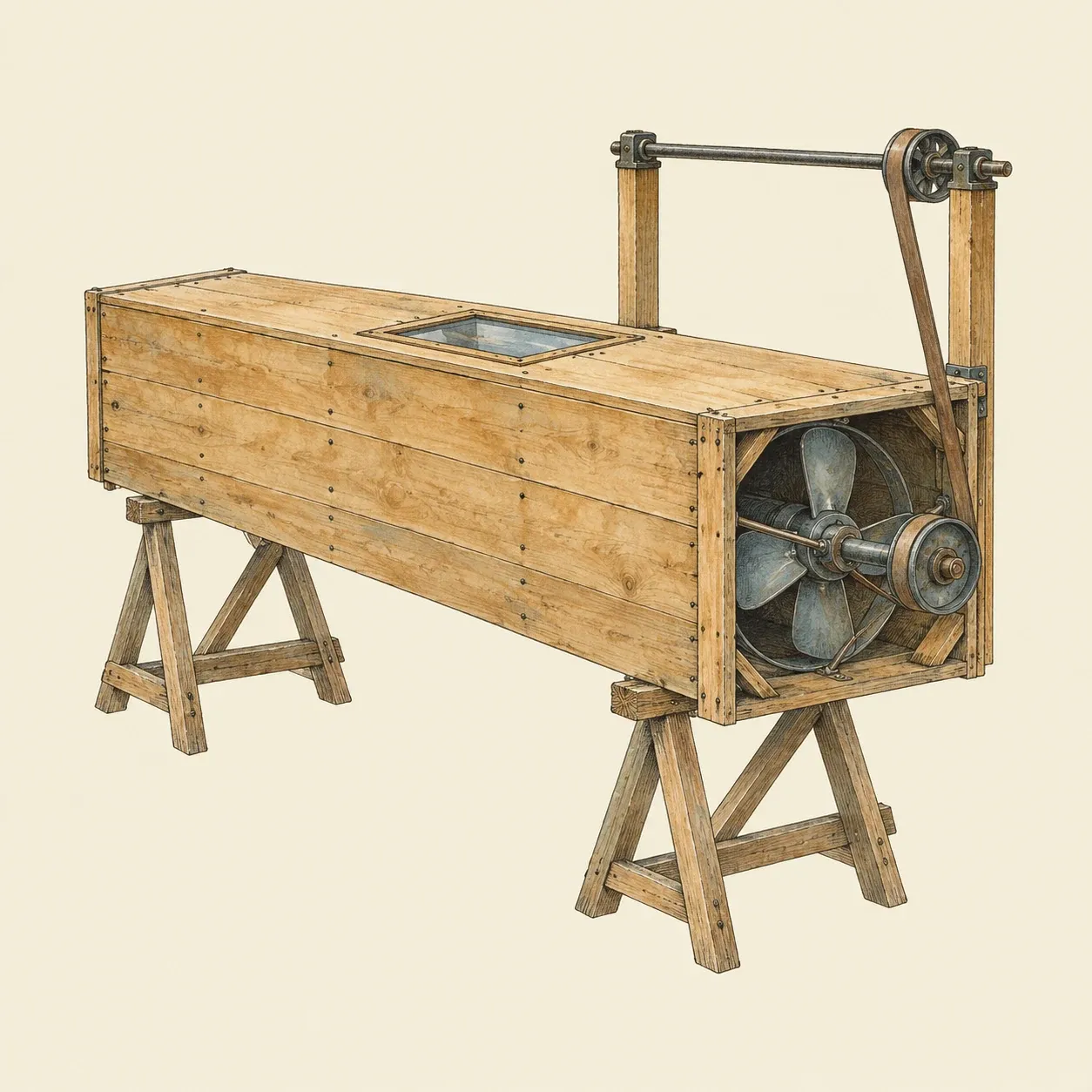 La galleria del vento in legno dei fratelli Wright, con la ventola azionata da una cinghia