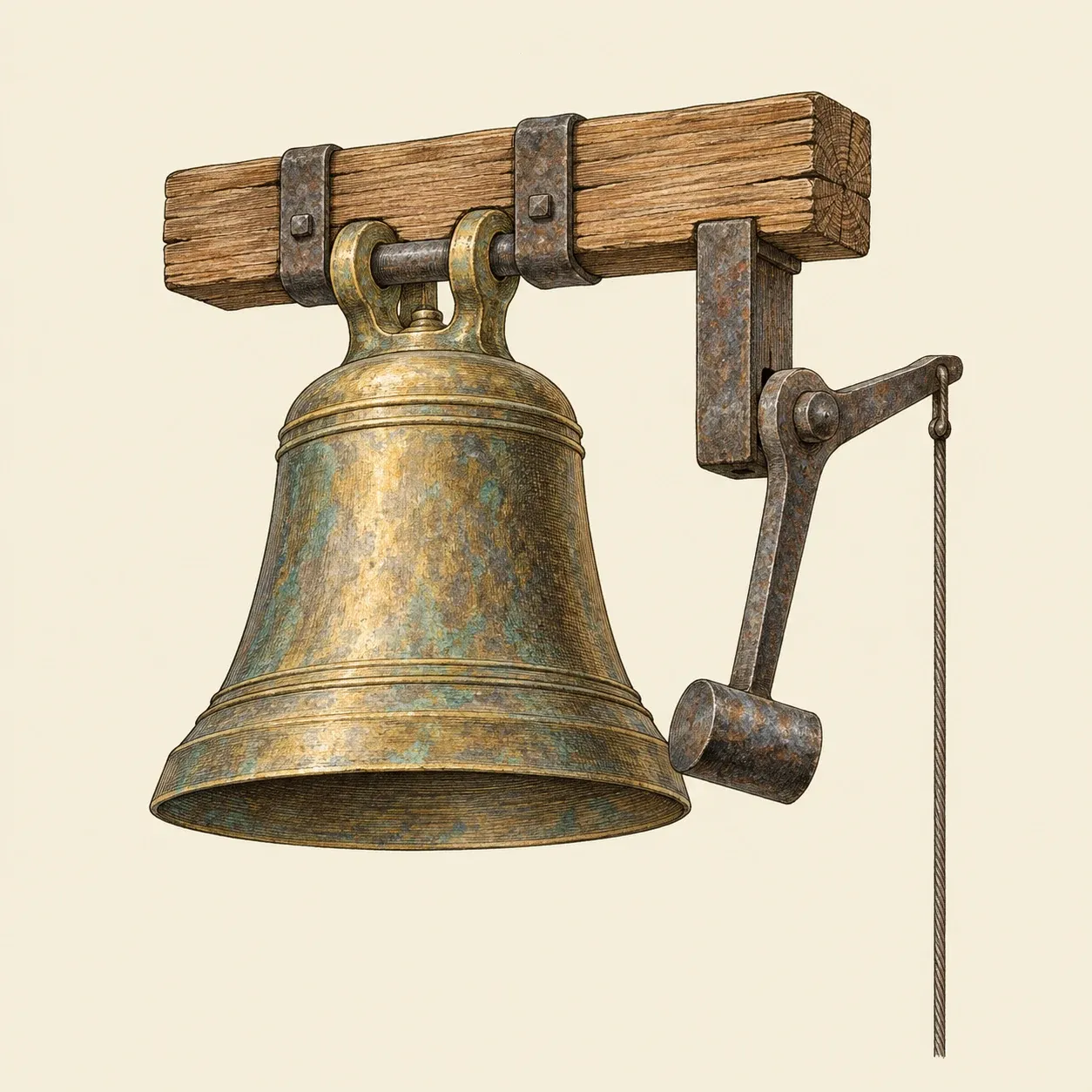 Eine Bronzeglocke an einem Balken, daneben ein eiserner Hammer an einem drehbaren Hebel nahe ihrem Rand und ein nach unten laufender Draht