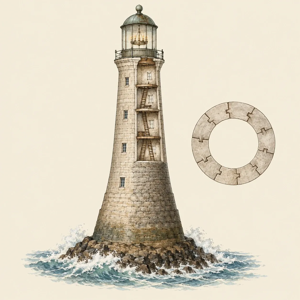 Smeatons steinerner Leuchtturm auf seinem Felsen im Meer, aufgeschnitten, mit Räumen, die Leitern verbinden, unter einer Kerzenlaterne, daneben ein Ring aus schwalbenschwanzförmig verzahnten Steinen