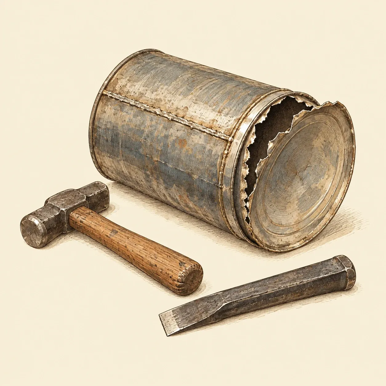Eine verlötete Weißblechdose neben Hammer und Meißel, der Deckel halb aufgeschnitten