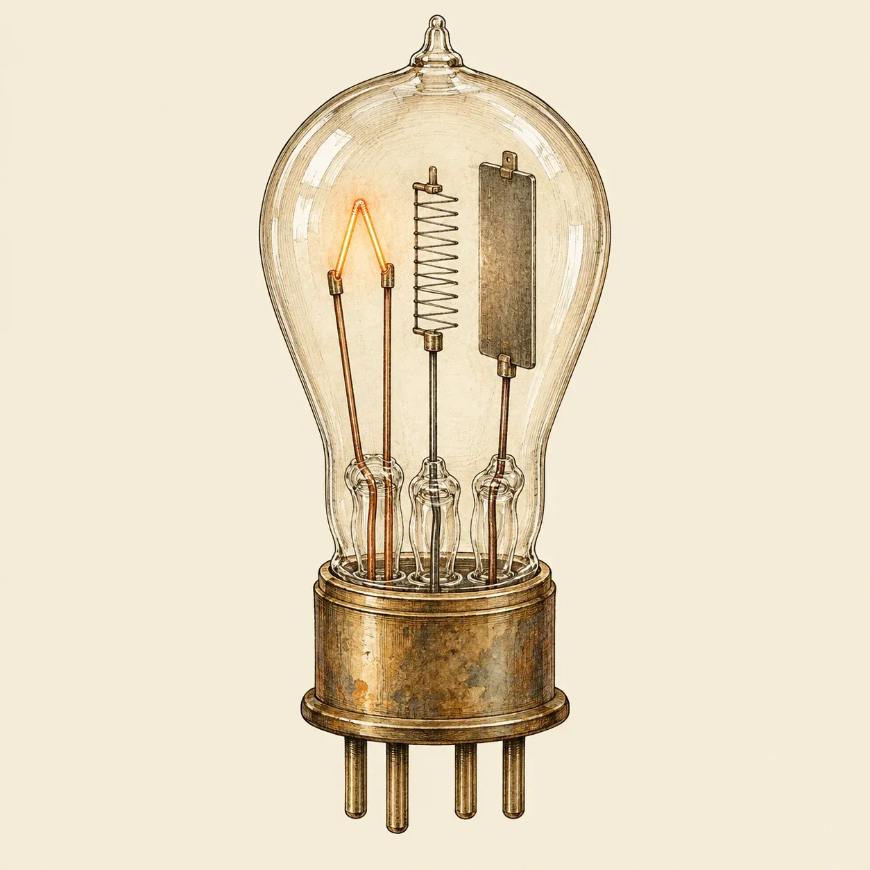 Eine frühe Triode mit glühendem Heizfaden, einem Drahtgitter und einer Metallplatte