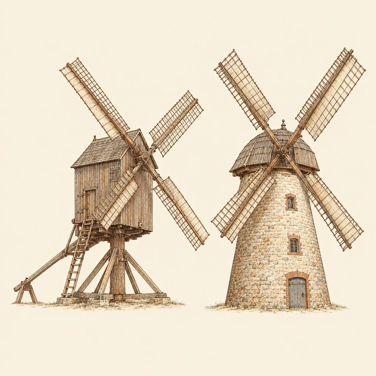 Eine hölzerne Bockwindmühle und eine gemauerte Turmwindmühle nebeneinander