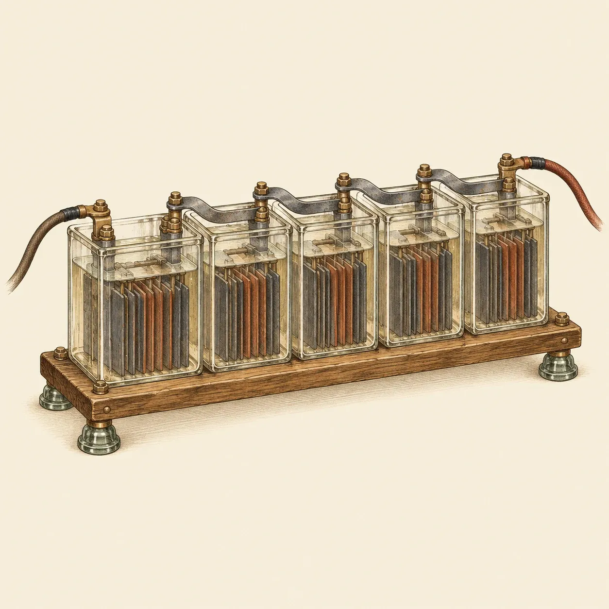 A row of glass-jar cells on a wooden stand, joined in series by lead straps