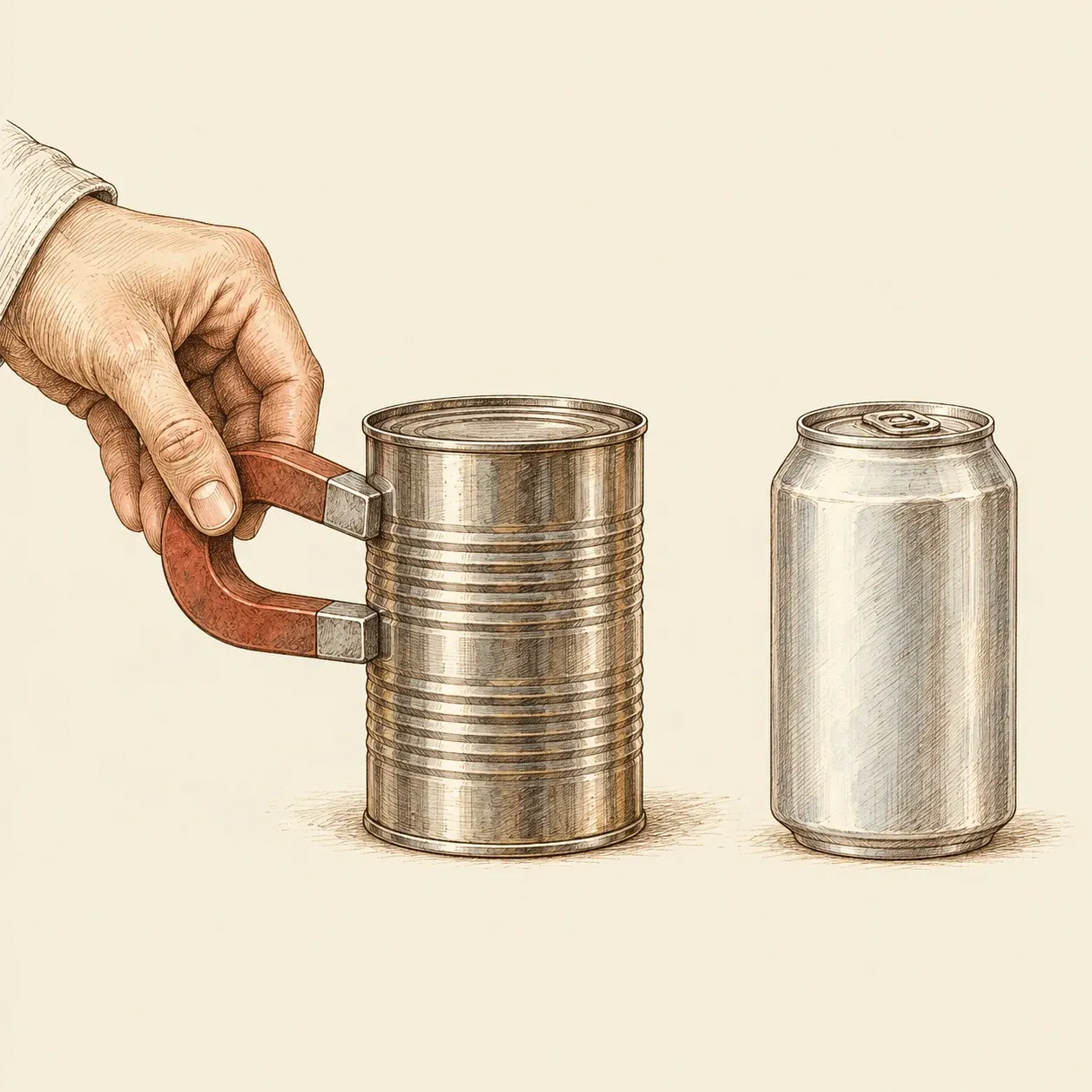 Eine Hand hält einen Hufeisenmagneten an eine Konservendose aus Stahl; daneben steht eine blanke Aluminiumdose