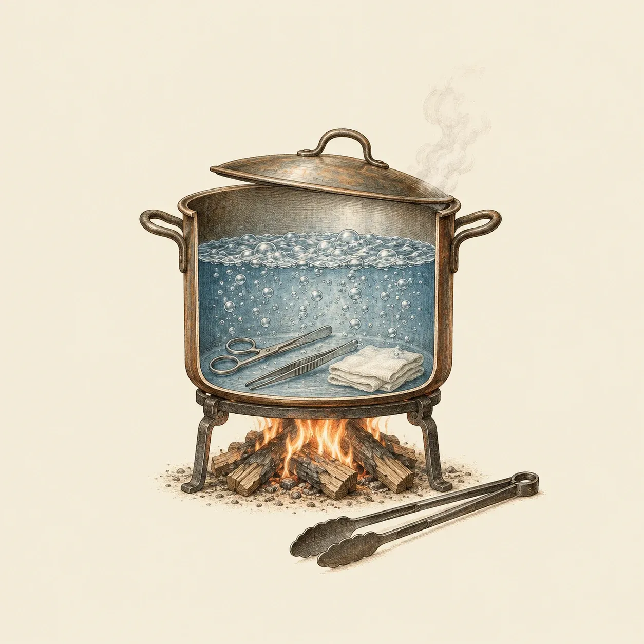 Pentola disegnata in sezione su un fuoco di legna: forbici, pinzette e un panno piegato giacciono sul fondo sotto l’acqua bollente; accanto, una pinza da cucina