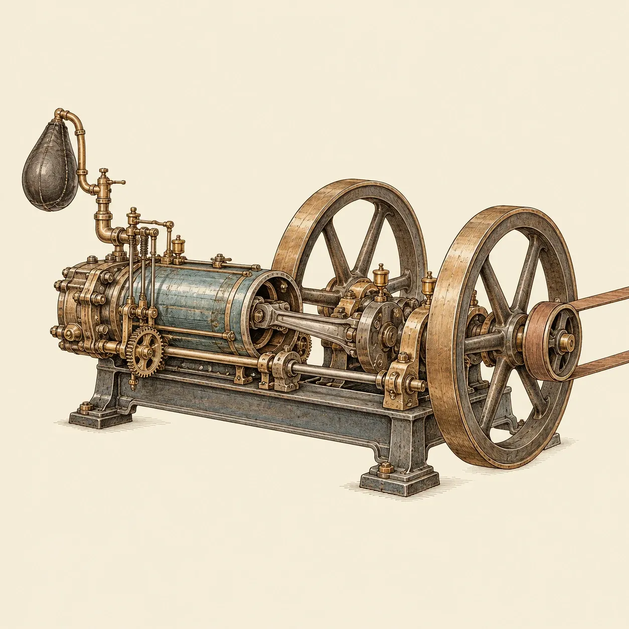 Un moteur à gaz horizontal des années 1880, avec deux volants et une poulie de courroie