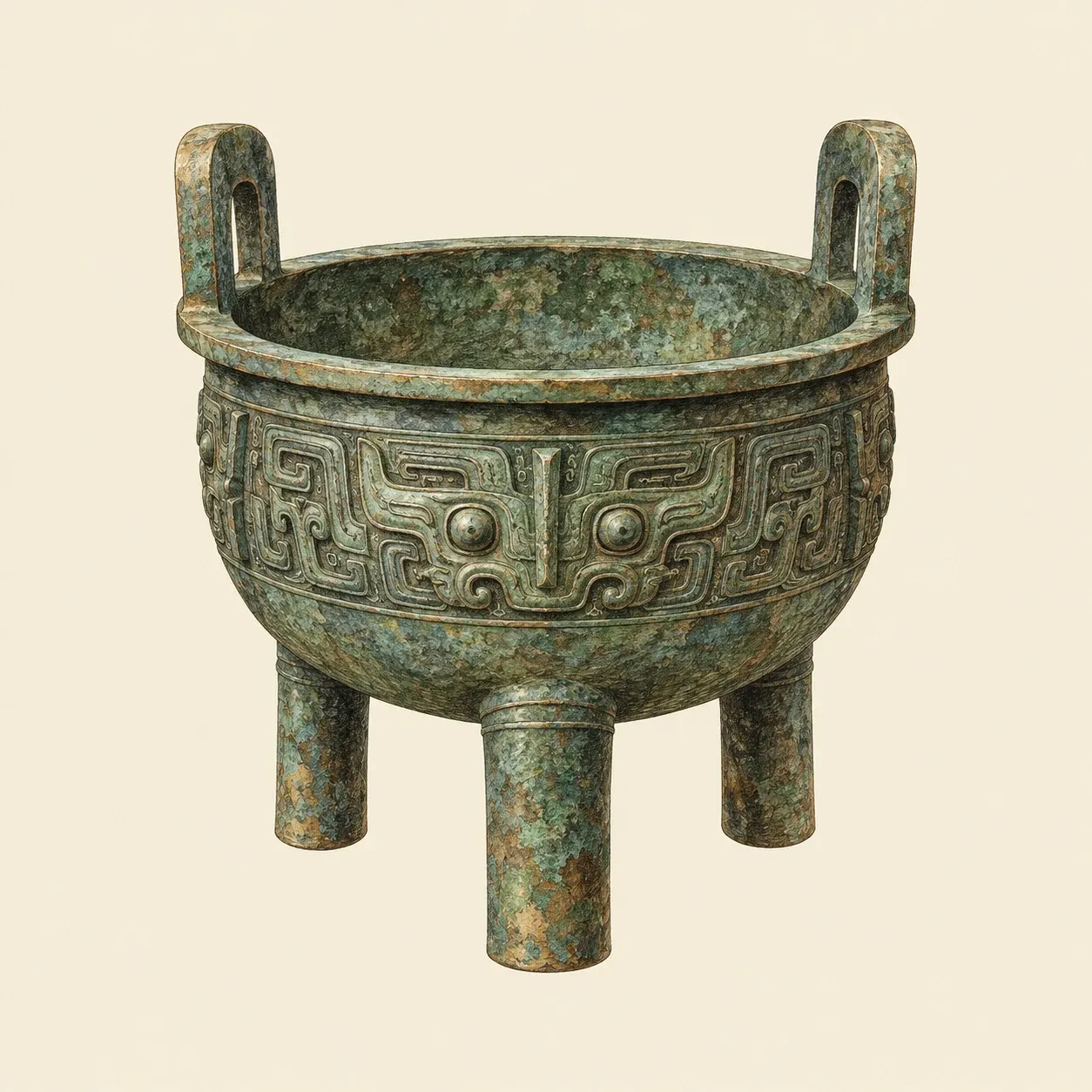 Un vaso rituale cinese in bronzo con tre zampe e due anse diritte, decorato da una fascia di maschere animali stilizzate