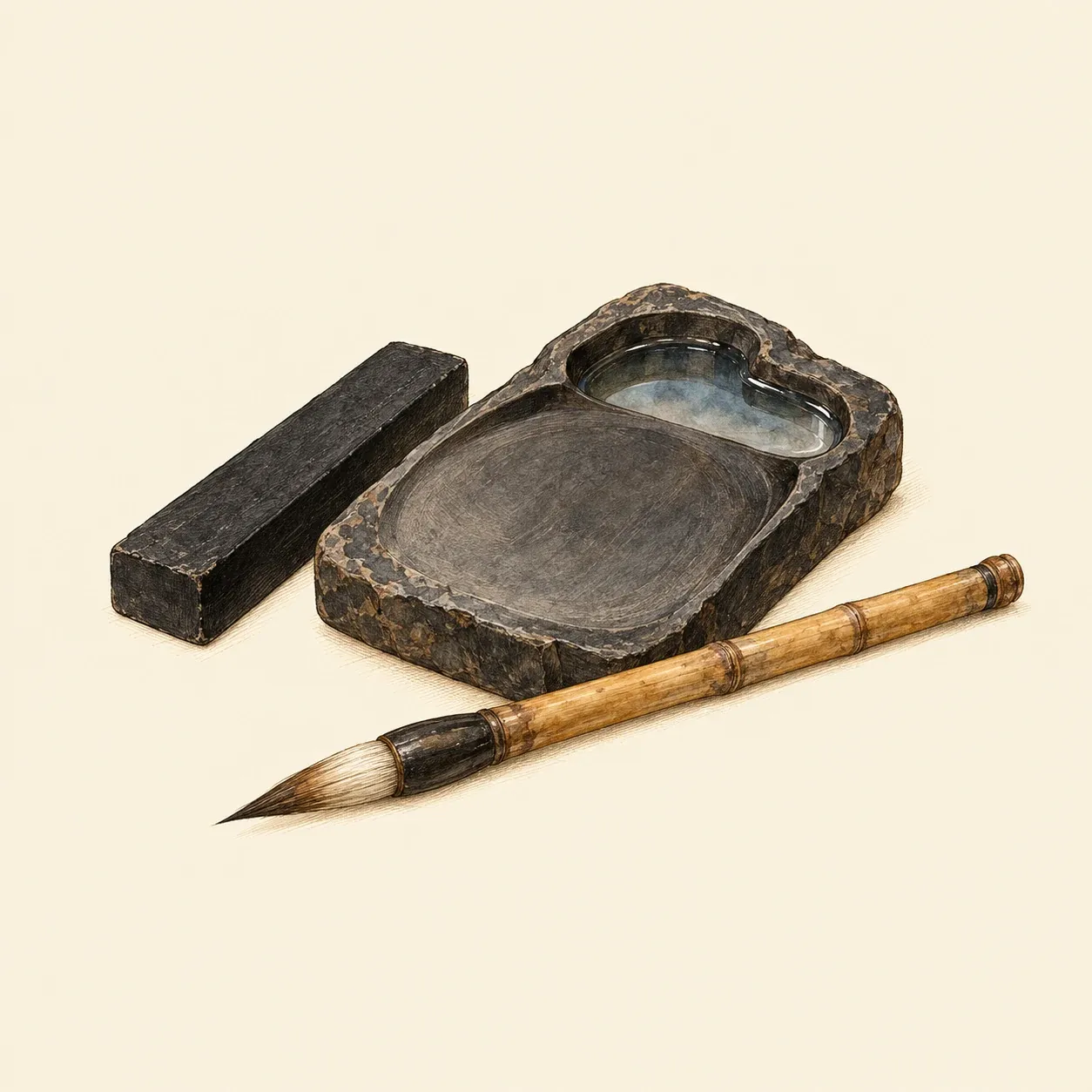 Un pinceau chinois, un bâton d’encre et une pierre à encre avec un peu d’eau dans son creux
