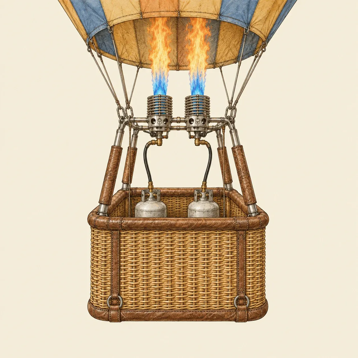 Ein moderner Ballonkorb mit zwei Propanflaschen und einem Doppelbrenner, der nach oben in die Hülle feuert