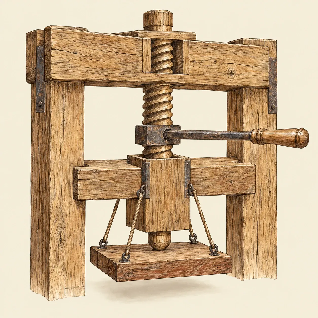 The screw of a wooden hand press: a threaded spindle running through the head, an iron bar, a square wooden hose passing through the till, and the platen hung beneath it on four cords