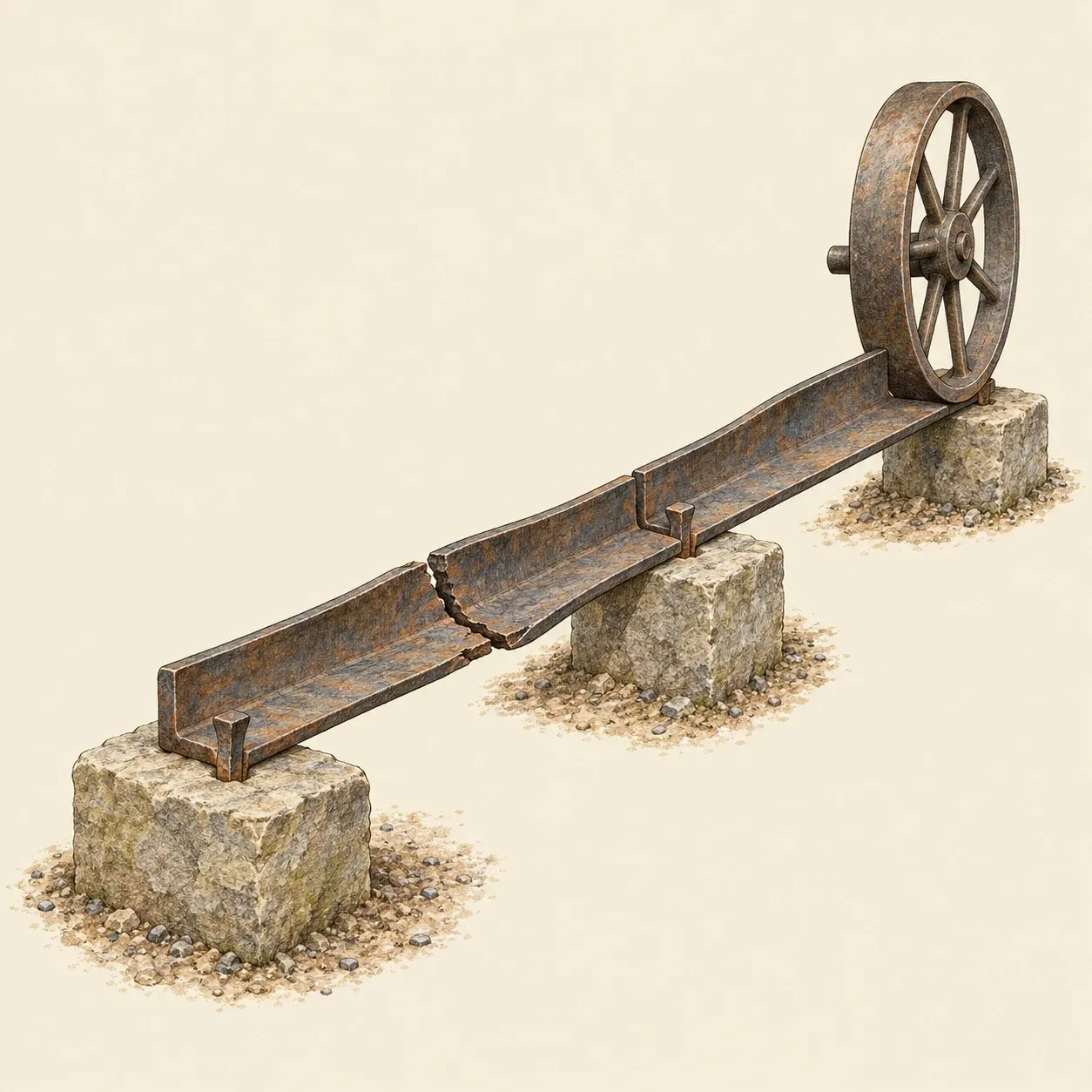 Zwei kurze gusseiserne Winkelplatten, Ende an Ende auf quadratischen Steinblöcken verlegt, die vordere quer durchgebrochen, auf der hinteren ein glattes eisernes Speichenrad