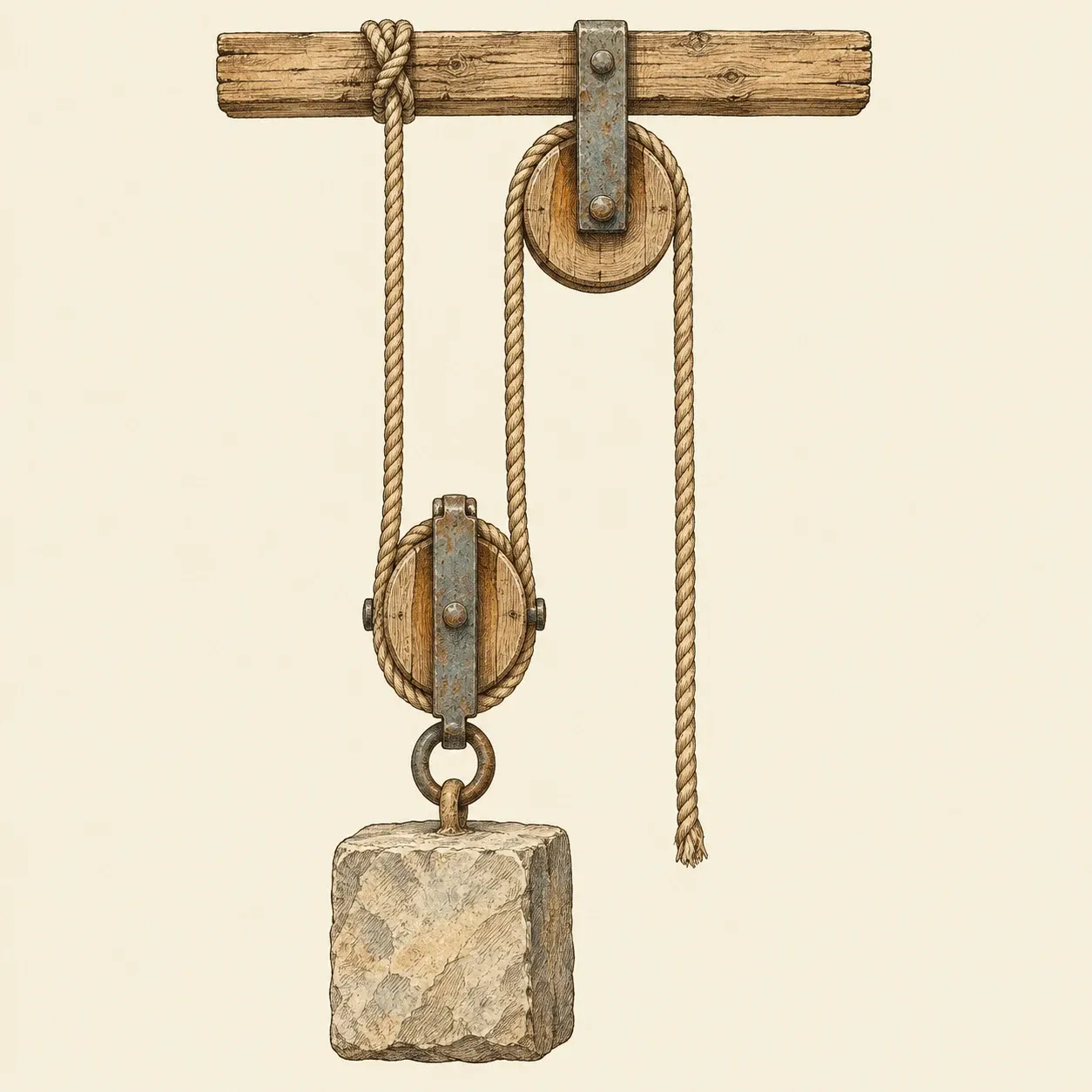 Eine an einem Balken befestigte Rolle und darunter eine lose Rolle mit einem Stein, ein am Balken festgebundenes Seil läuft unter dem unteren und über das obere Rad