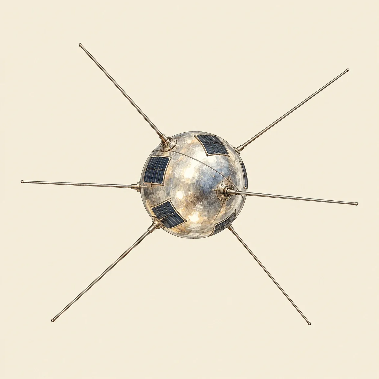 A pequena esfera do Vanguard 1 com as suas seis antenas e as células solares no invólucro