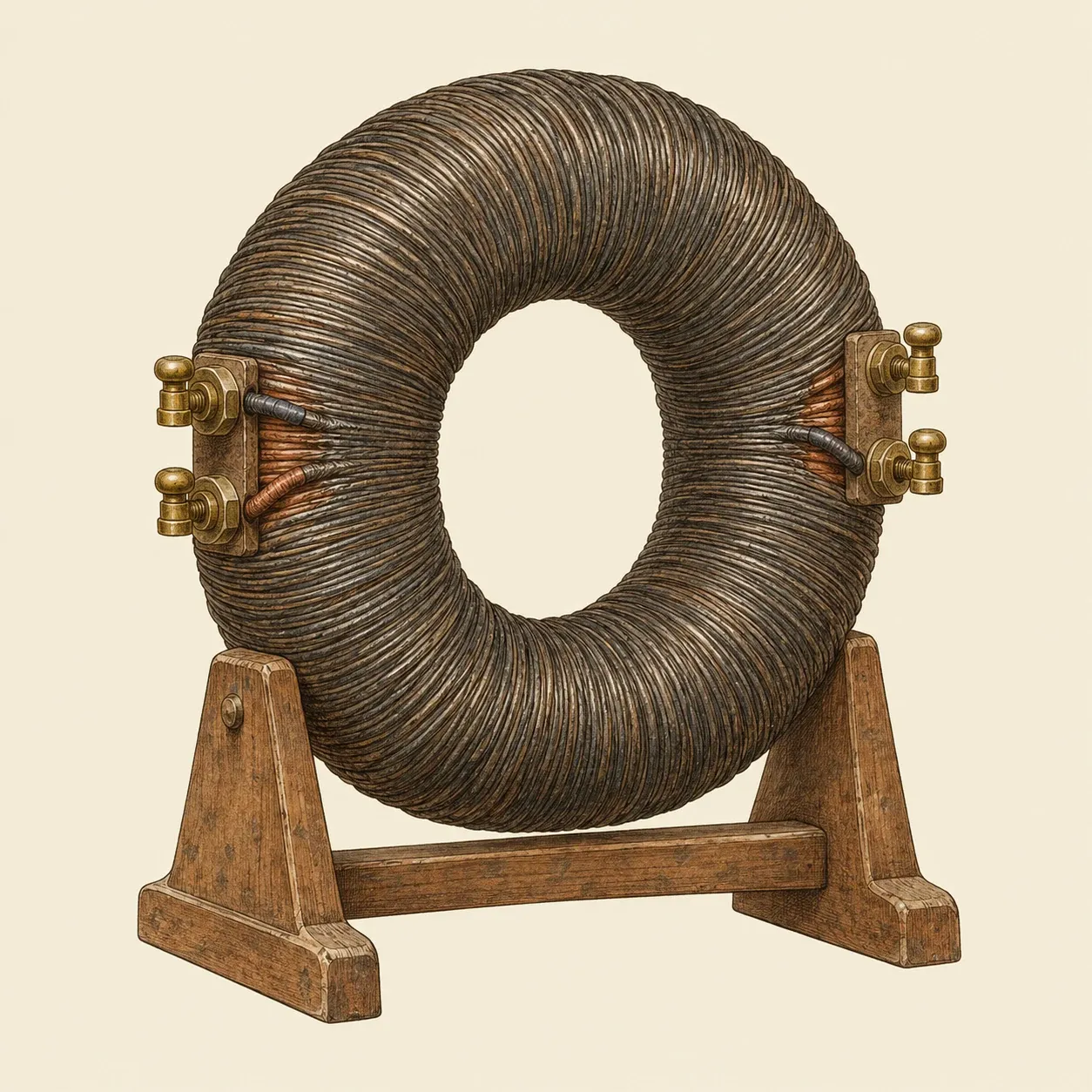 Ein Ring aus Kupferwicklungen, ganz mit Eisendraht umwickelt, auf einem Holzgestell