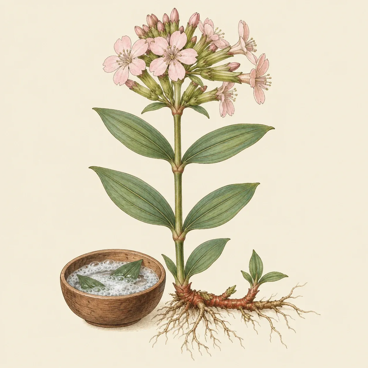 A soapwort plant with pink five-petalled flowers and a bowl of lather made from its crushed leaves