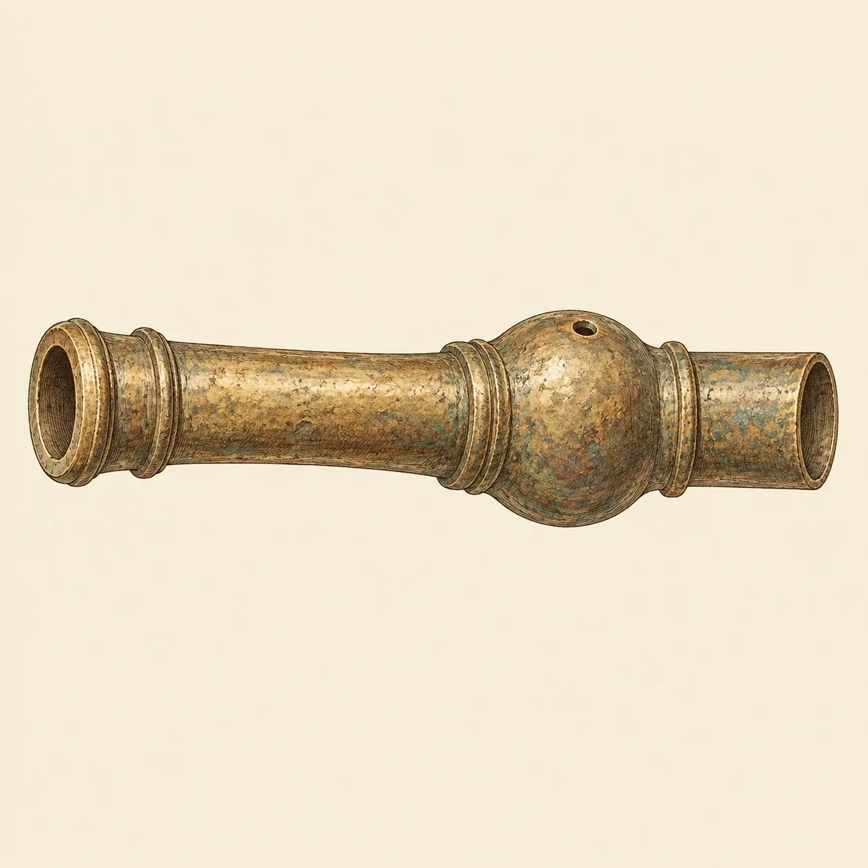 Eine bronzene Handkanone des späten 13. Jahrhunderts mit verdickter Kammer und einer Tülle für eine Stange
