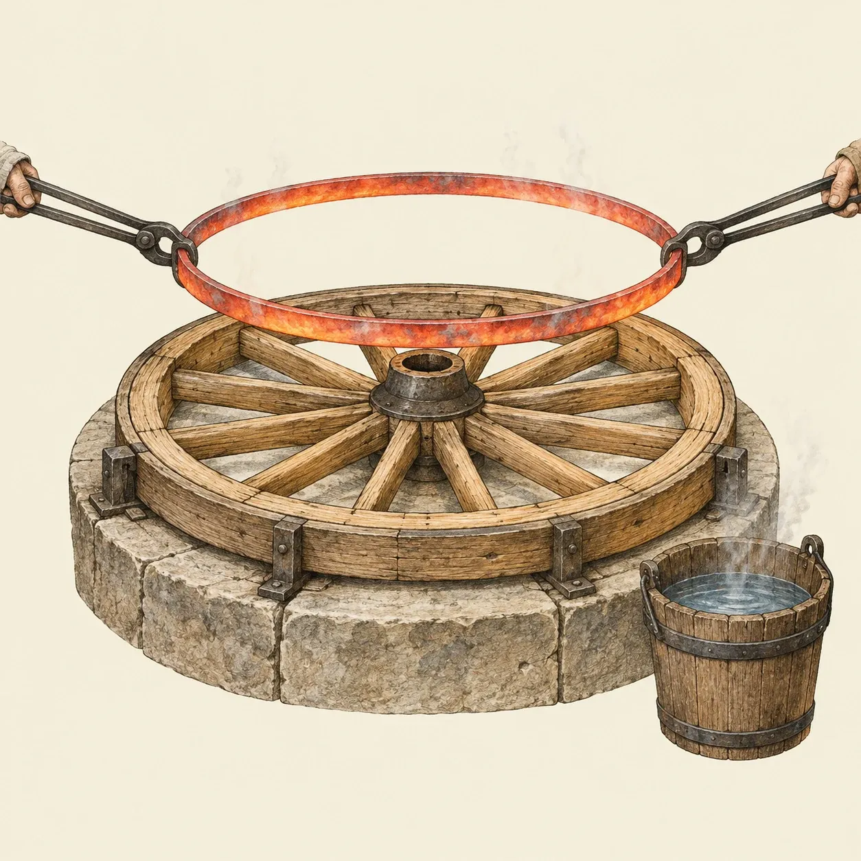 Un cerchione di ferro rovente calato su una ruota di legno sopra una piattaforma di pietra