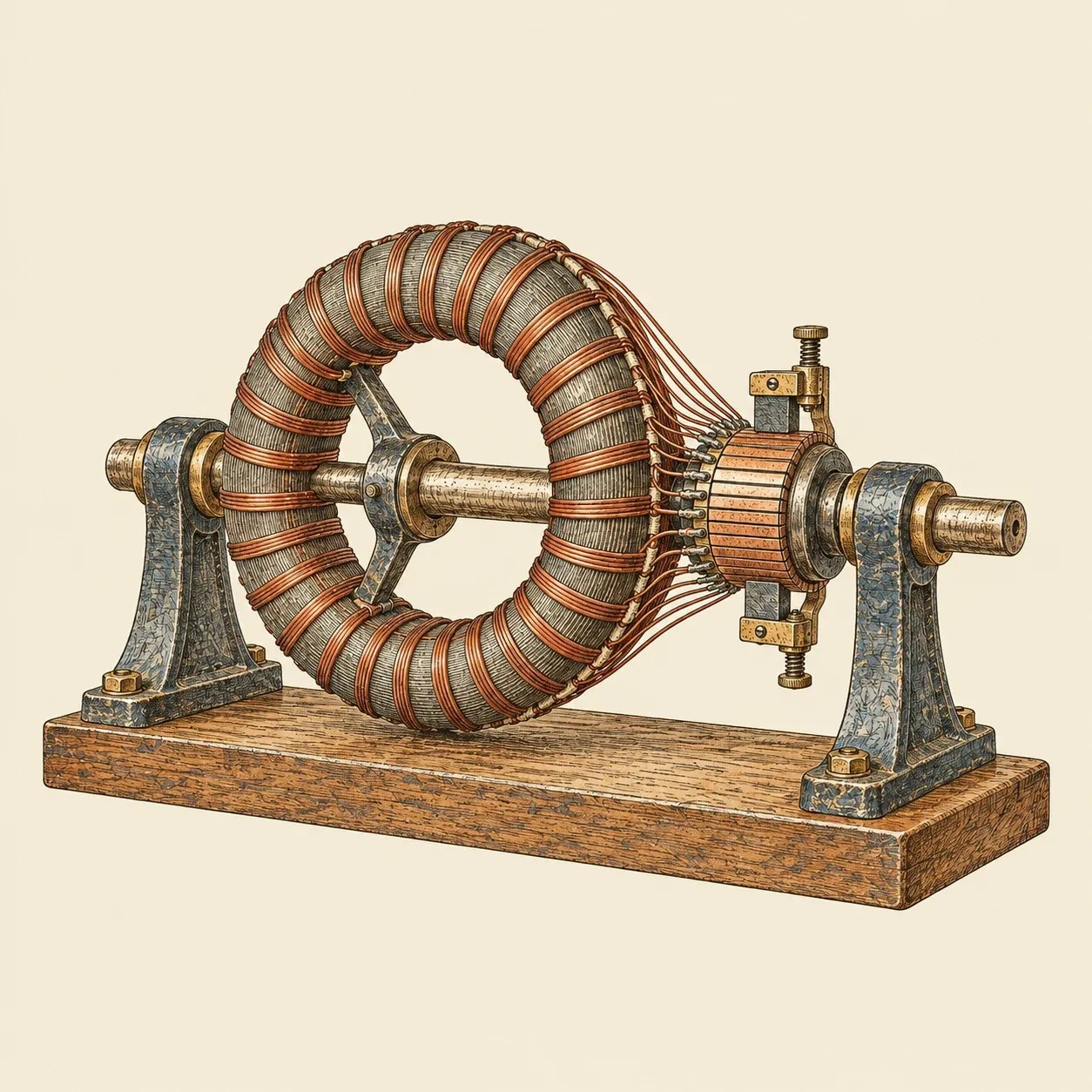 Ein Gramme-Ring: ein Eisenring mit vielen Spulen, jede mit einer Lamelle des Kommutators verbunden
