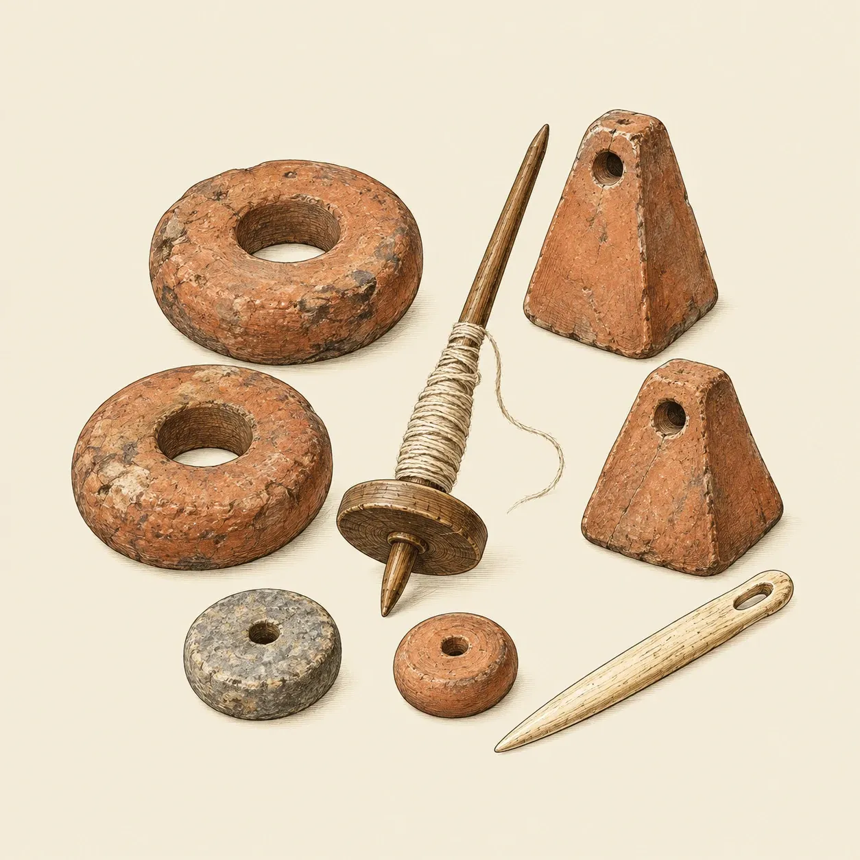 Objets de fouille : poids de métier en argile en anneau et en pyramide, fusaïoles de pierre et d’argile, un fuseau de bois garni de fil, une aiguille en os
