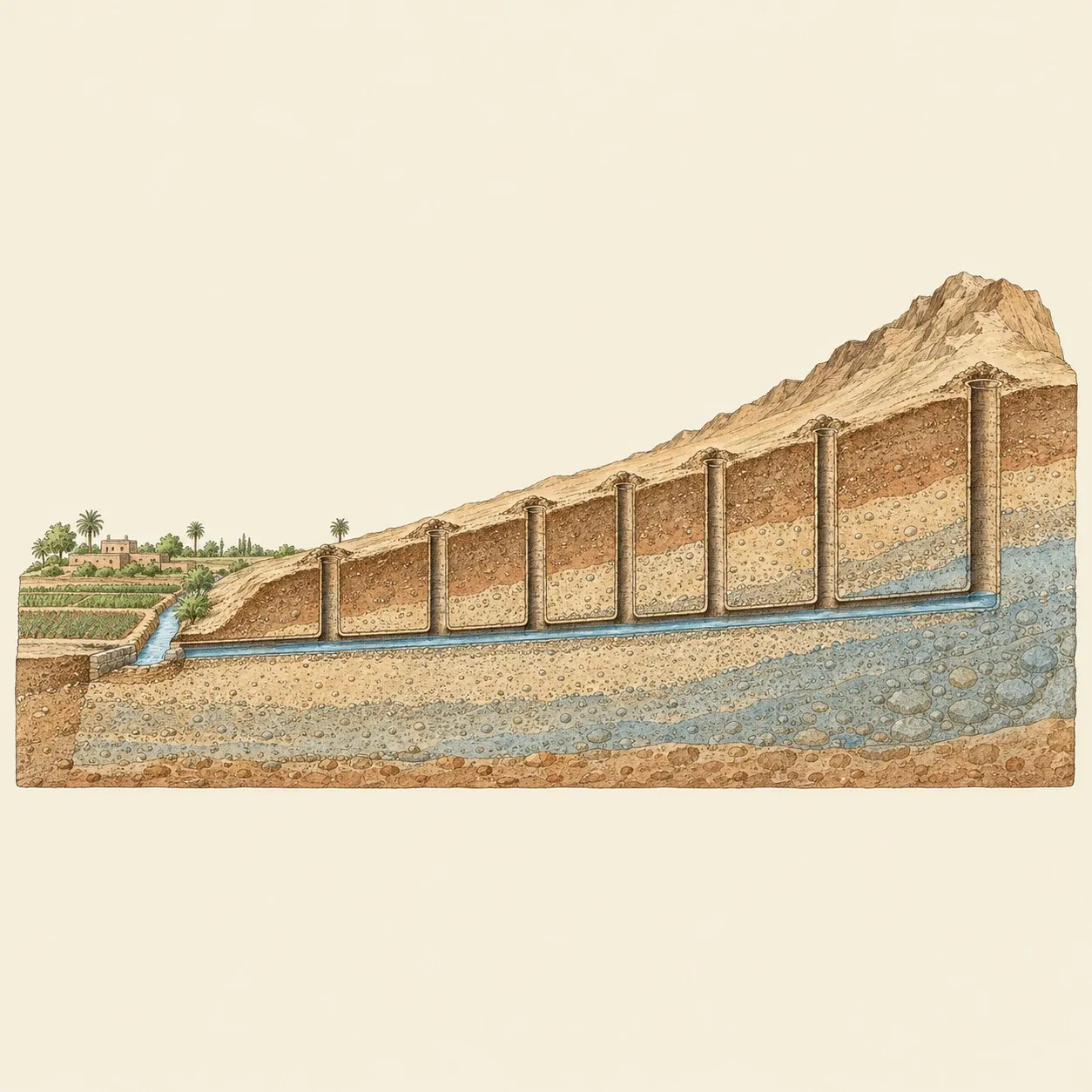 Sezione di un qanat: pozzi verticali scendono dalla superficie fino a una galleria in lieve pendenza che porta l’acqua sotterranea dai piedi delle colline ai campi