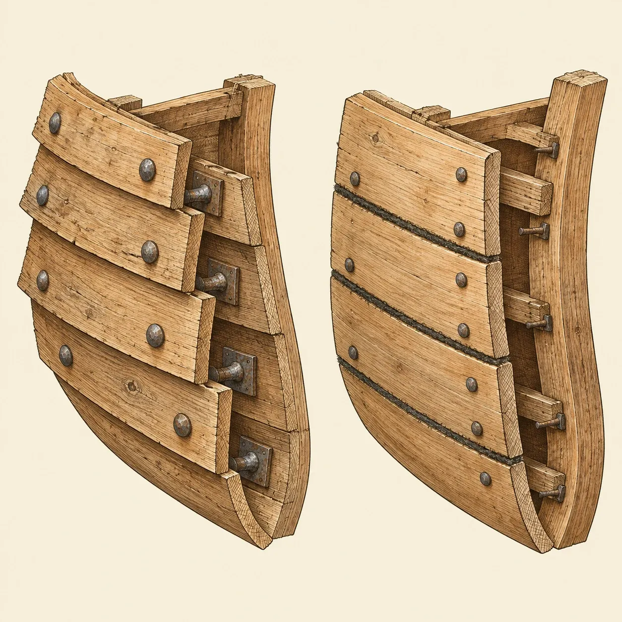 Two pieces of hull side by side: overlapping clinker planks riveted together, and carvel planks laid edge to edge with caulked seams