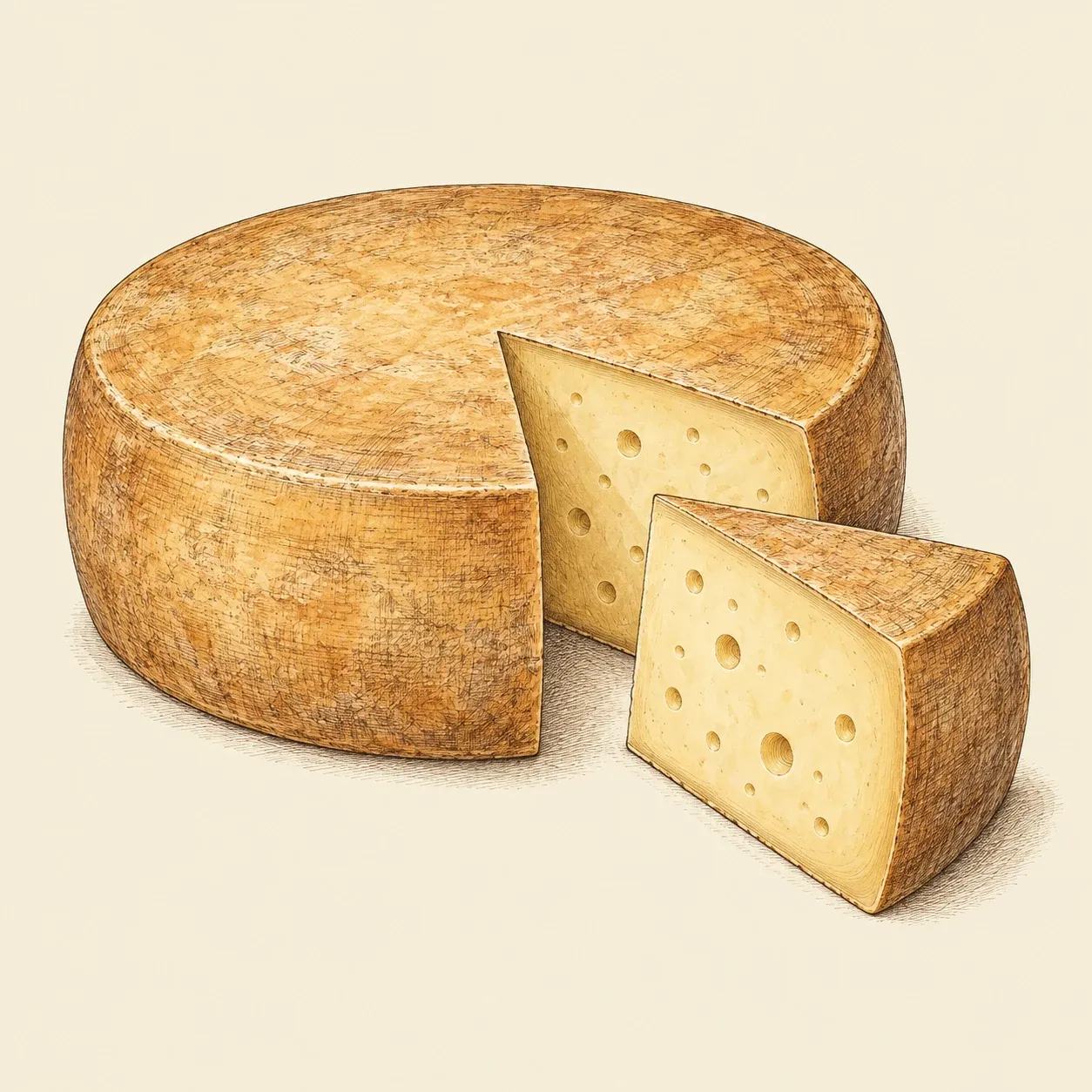 Ein angeschnittener Laib Alpenhartkäse mit runden Löchern im hellen Teig