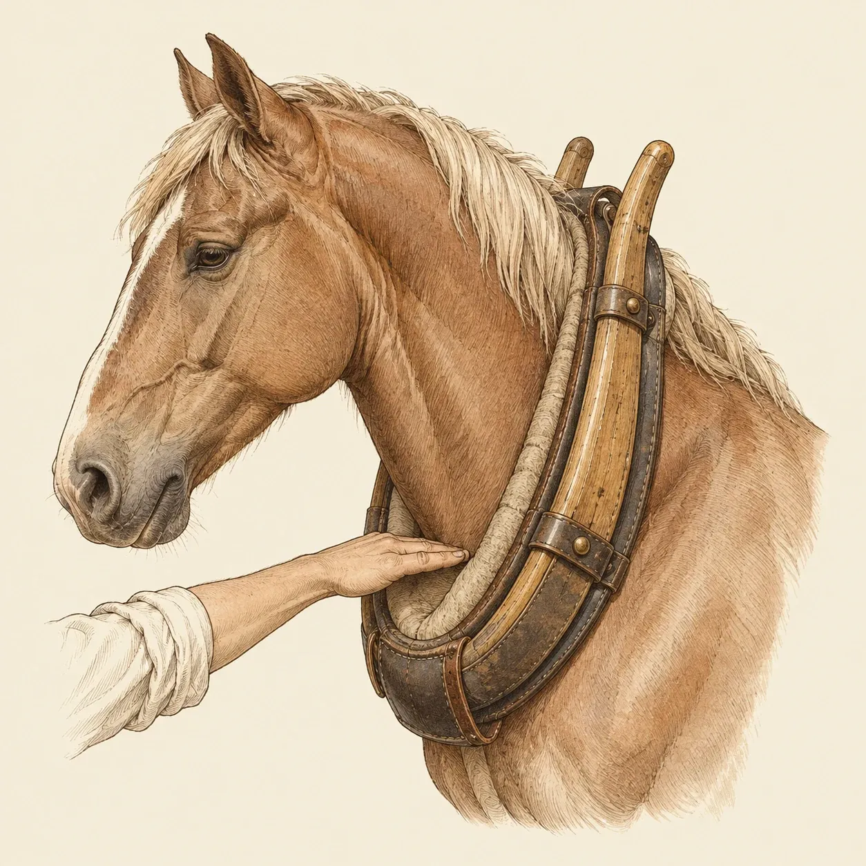 Uma mão espalmada metida entre a parte de baixo de uma coelheira almofadada e a traqueia do cavalo