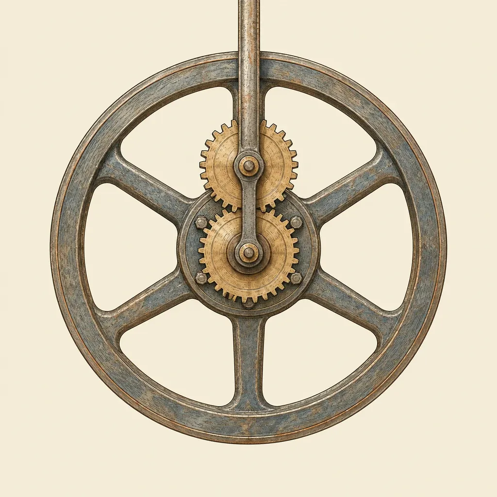 A sun-and-planet gear: a planet gear fixed to the connecting rod turns a sun gear on the flywheel shaft